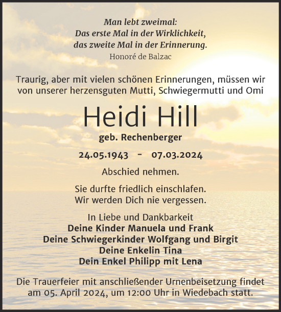 Traueranzeige von Heidi Hill von Trauerkombi Weißenfels