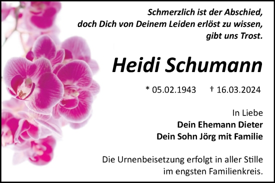 Traueranzeige von Heidi Schumann von Trauerkombi Bitterfeld