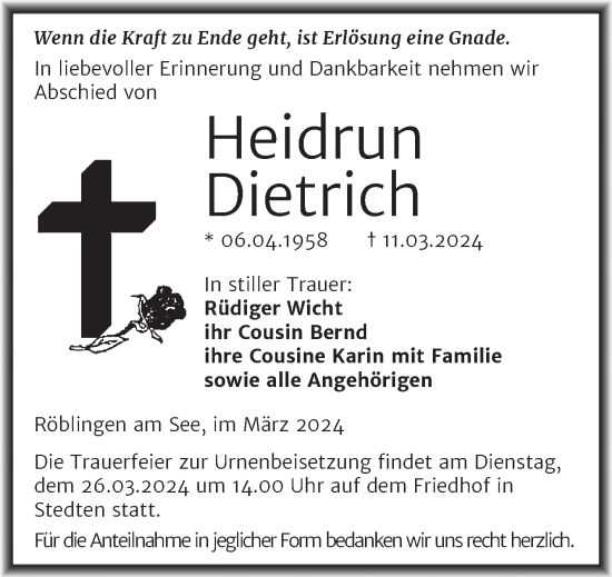Traueranzeige von Heidrun Dietrich von Trauerkombi Mansfelder Land