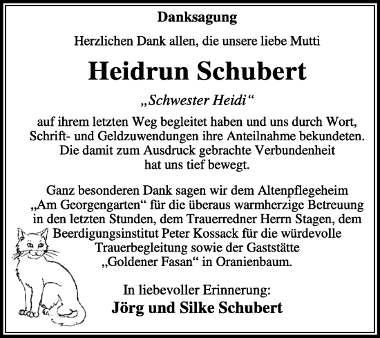 Traueranzeige von Heidrun Schubert von Trauerkombi Dessau