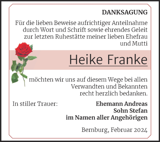 Traueranzeige von Heike Franke von Trauerkombi Bernburg