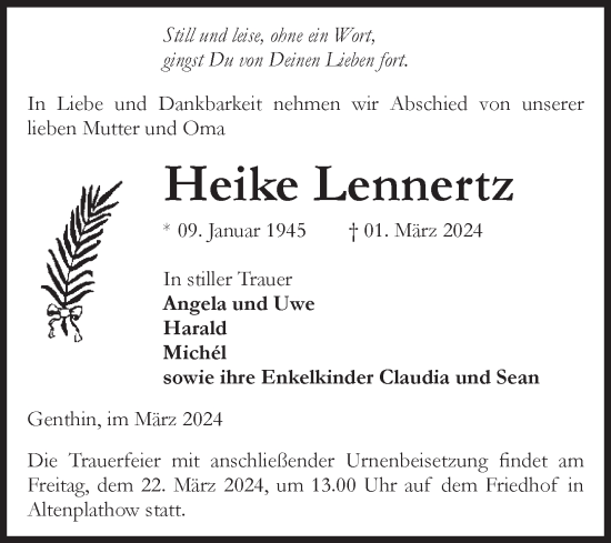 Traueranzeige von Heike Lennertz von Volksstimme Burg/Genthin