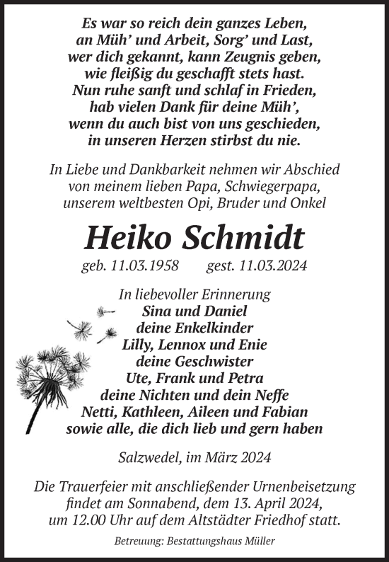 Traueranzeige von Heiko Schmidt von Volksstimme Altmark West