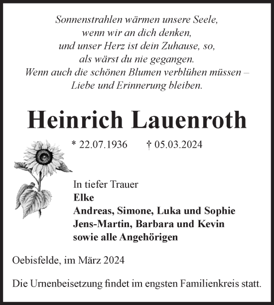 Traueranzeige von Heinrich Lauenroth von Volksstimme Altmark West