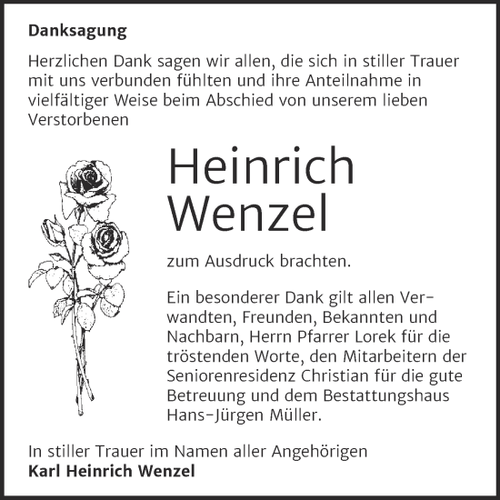 Traueranzeige von Heinrich Wenzel von Trauerkombi Aschersleben