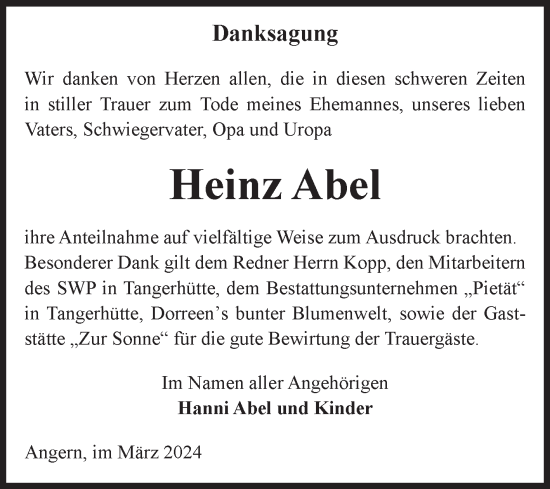 Traueranzeige von Heinz Abel von Volksstimme Haldensleben/Wolmirstedt