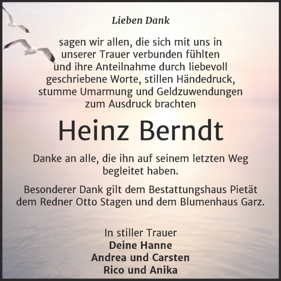 Traueranzeige von Heinz Berndt von Trauerkombi Wittenberg