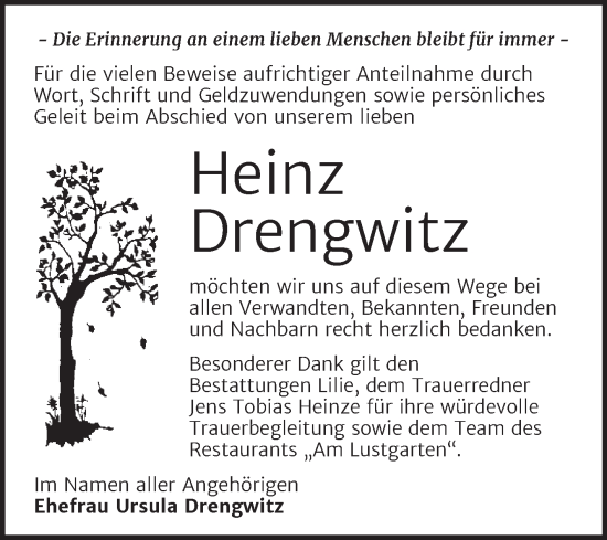 Traueranzeige von Heinz Drengwitz von Trauerkombi Dessau