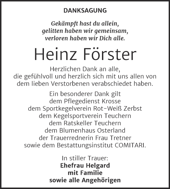 Traueranzeige von Heinz Förster von Trauerkombi Weißenfels