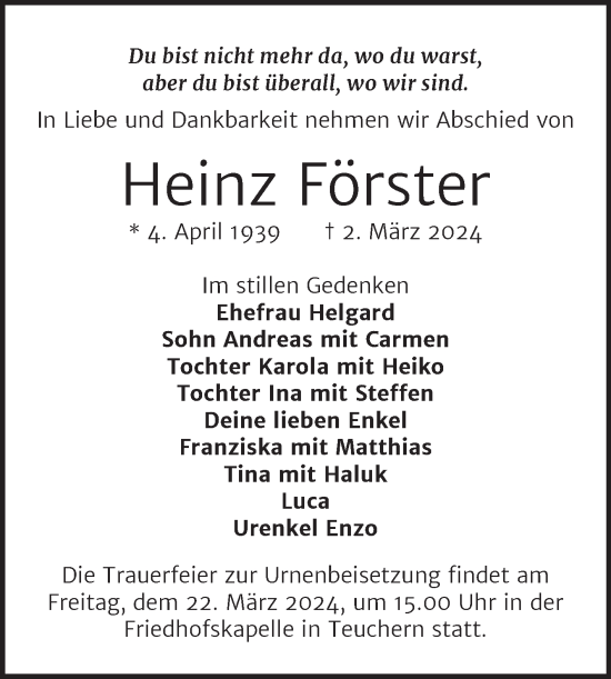 Traueranzeige von Heinz Förster von Mitteldeutsche Zeitung Weißenfels