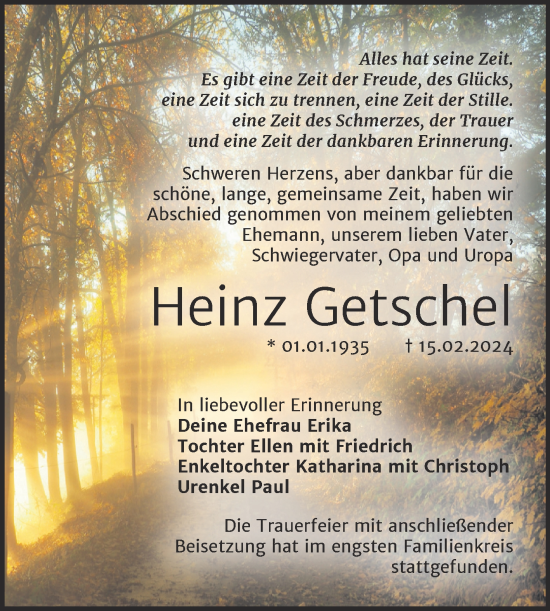 Traueranzeige von Heinz Getschel von Trauerkombi Wittenberg