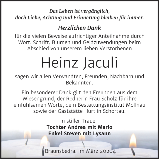 Traueranzeige von Heinz Jaculi von Trauerkombi Merseburg