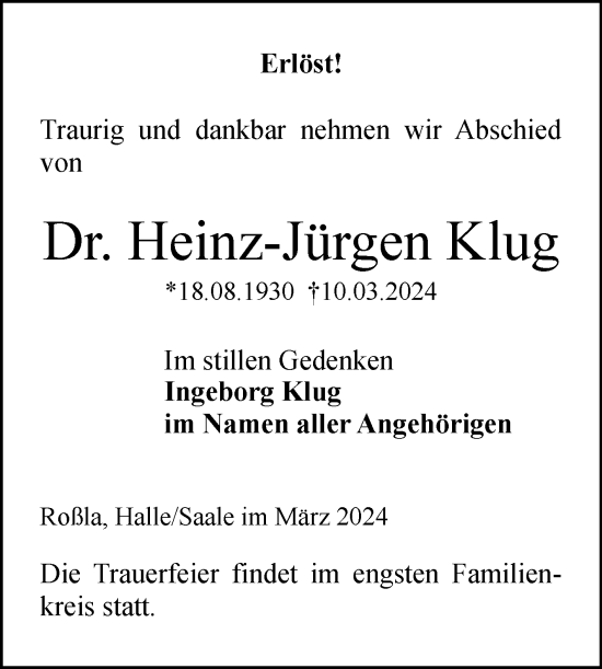 Traueranzeige von Heinz-Jürgen Klug von Mitteldeutsche Zeitung Sangerhausen