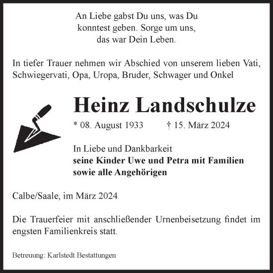 Traueranzeige von Heinz Landschulze von Volksstimme Schönebeck