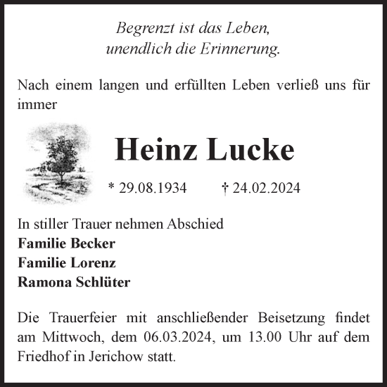 Traueranzeige von Heinz Lucke von Volksstimme Burg/Genthin