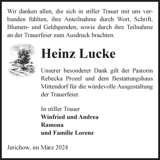 Traueranzeige von Heinz Lucke von Volksstimme Burg/Genthin