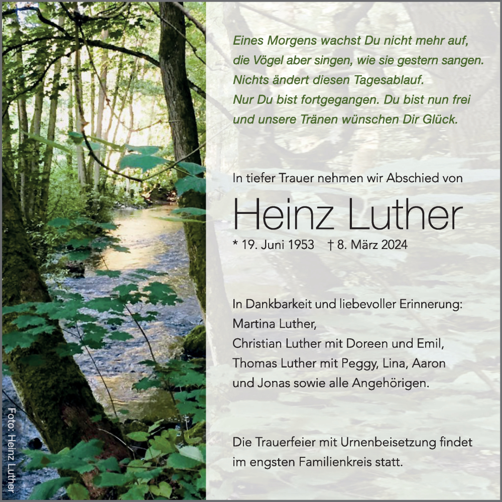  Traueranzeige für Heinz Luther vom 21.03.2024 aus Trauerkombi Aschersleben
