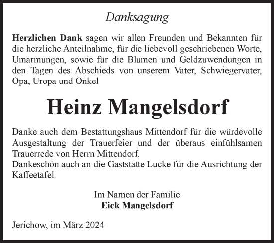 Traueranzeige von Heinz Mangelsdorf von Volksstimme Burg/Genthin