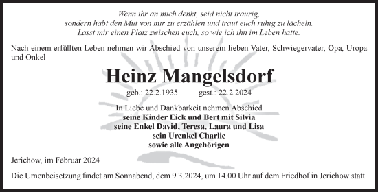 Traueranzeige von Heinz Mangelsdorf von Volksstimme Burg/Genthin