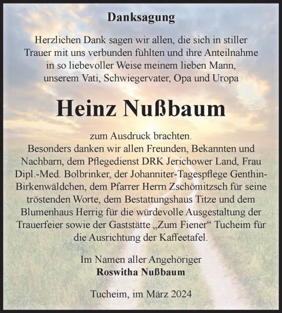 Traueranzeige von Heinz Nußbaum von Volksstimme Burg/Genthin