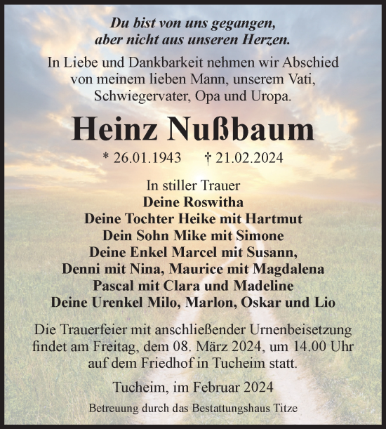 Traueranzeige von Heinz Nußbaum von Volksstimme Burg/Genthin