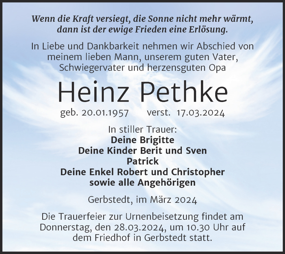  Traueranzeige für Heinz Pethke vom 23.03.2024 aus Trauerkombi Mansfelder Land