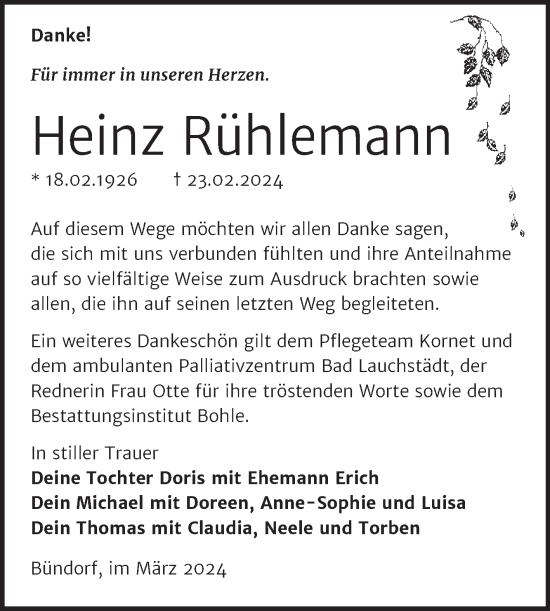 Traueranzeige von Heinz Rühlemann von Trauerkombi Merseburg