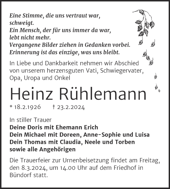 Traueranzeige von Heinz Rühlemann von Trauerkombi Merseburg