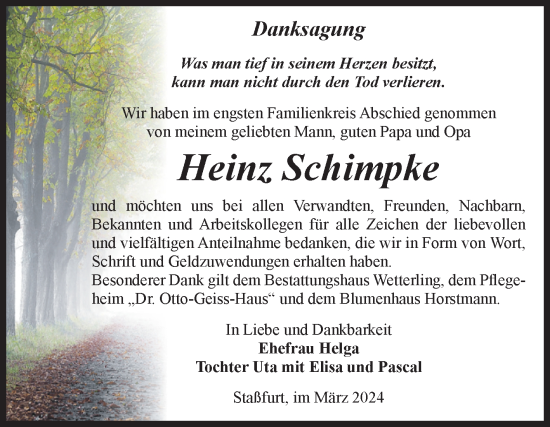Traueranzeige von Heinz Schimpke von Volksstimme Staßfurt