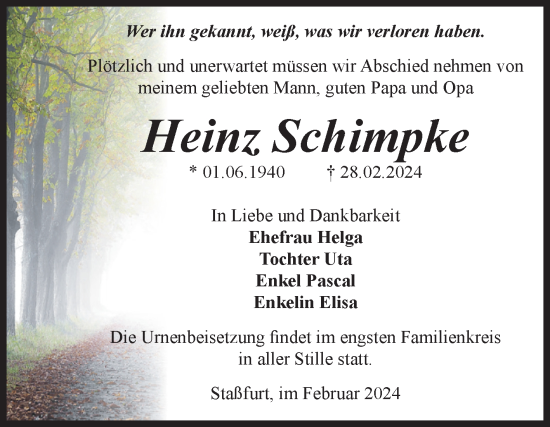 Traueranzeige von Heinz Schimpke von Volksstimme Staßfurt