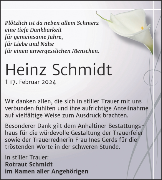 Traueranzeige von Heinz Schmidt von Trauerkombi Dessau