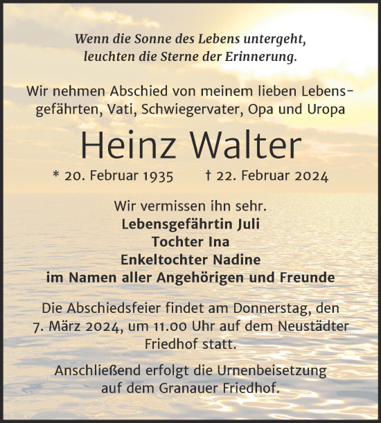 Traueranzeige von Heinz Walter von Mitteldeutsche Zeitung Halle/Saalkreis
