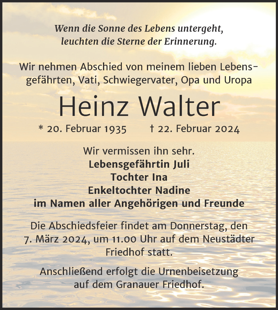  Traueranzeige für Heinz Walter vom 02.03.2024 aus Mitteldeutsche Zeitung Halle/Saalkreis