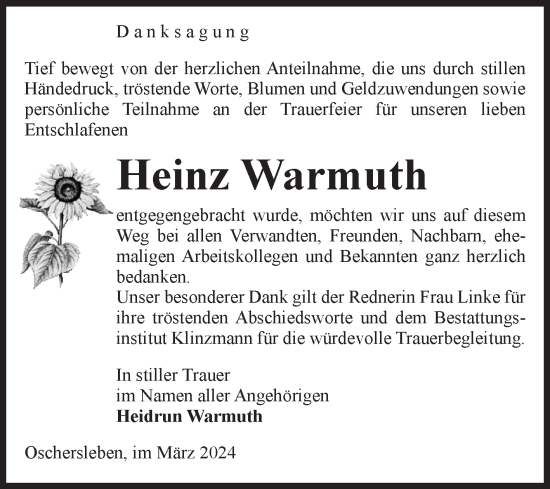 Traueranzeige von Heinz Warmuth von Volksstimme Oschersleben/Wanzleben