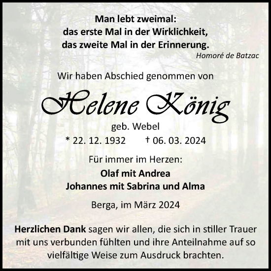 Traueranzeige von Helene König von Trauerkombi Sangerhausen