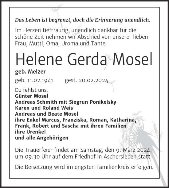 Traueranzeige von Helene Gerda Mosel von Trauerkombi Aschersleben