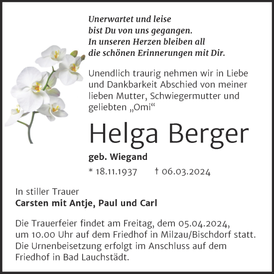 Traueranzeige von Helga Berger von Trauerkombi Merseburg
