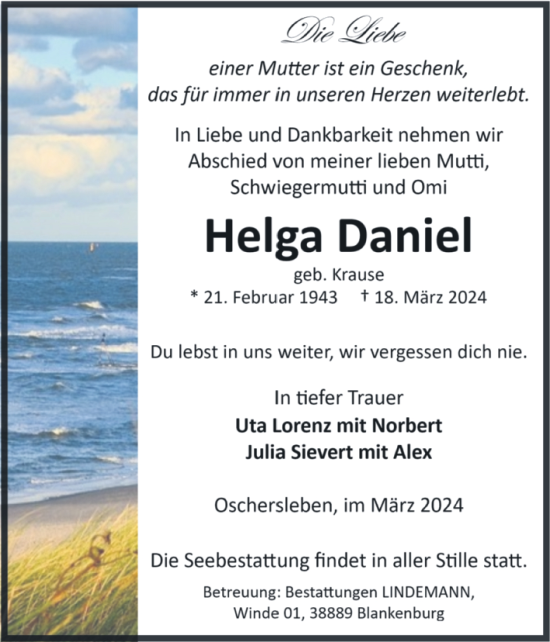 Traueranzeige von Helga Daniel von Volksstimme Oschersleben/Wanzleben