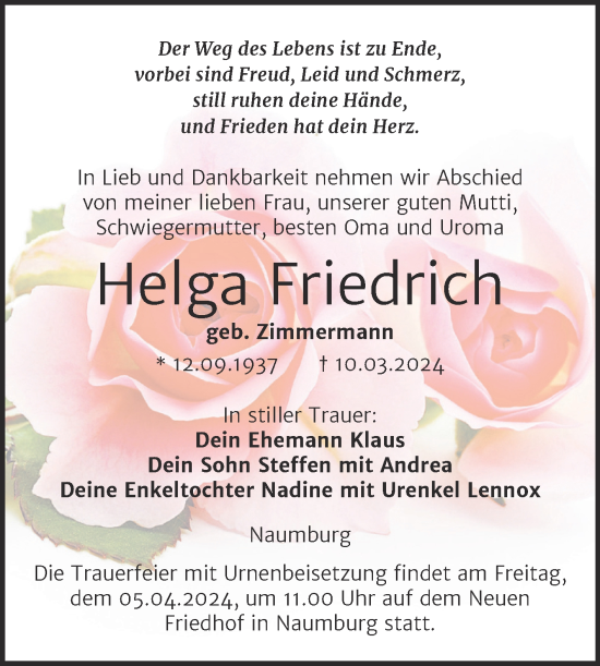 Traueranzeige von Helga Friedrich von Naumburger Tageblatt
