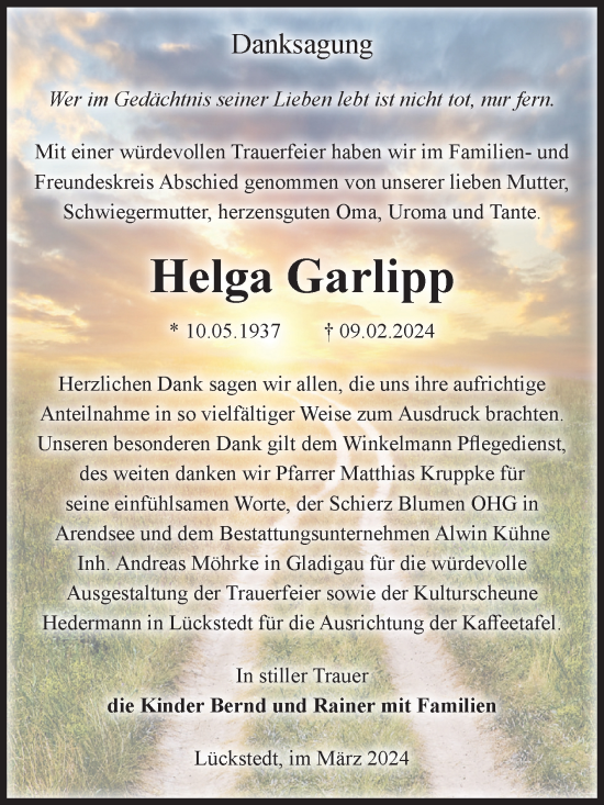 Traueranzeige von Helga Garlipp von Volksstimme Altmark Ost