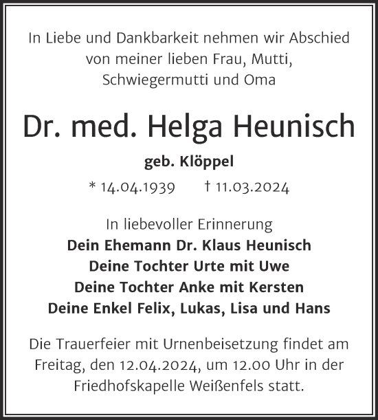 Traueranzeige von Helga Heunisch von Trauerkombi Weißenfels