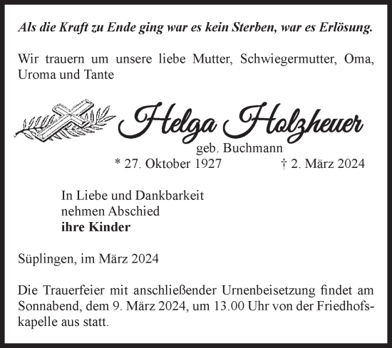 Traueranzeige von Helga Holzheuer von Volksstimme Haldensleben/Wolmirstedt