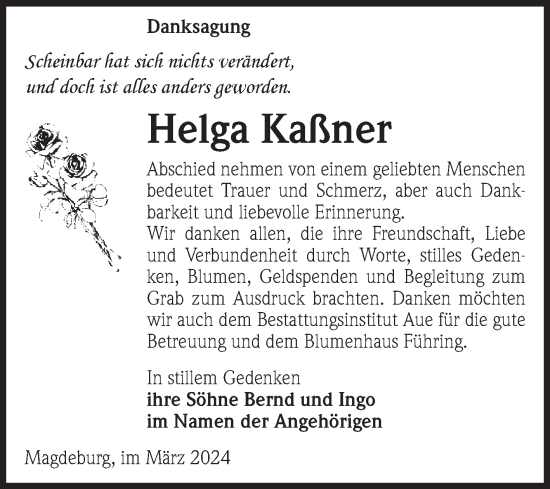 Traueranzeige von Helga Kaßner von Volksstimme Magdeburg