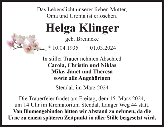 Traueranzeige von Helga Klinger von Volksstimme Altmark Ost