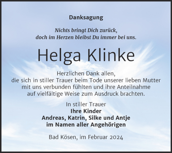 Traueranzeige von Helga Klinke von Super Sonntag Naumburg/Nebra