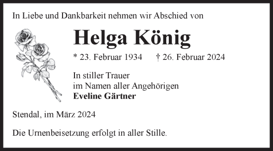 Traueranzeige von Helga König von Volksstimme Altmark Ost