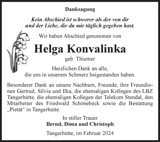 Traueranzeige von Helga Konvalinka von Volksstimme Altmark Ost