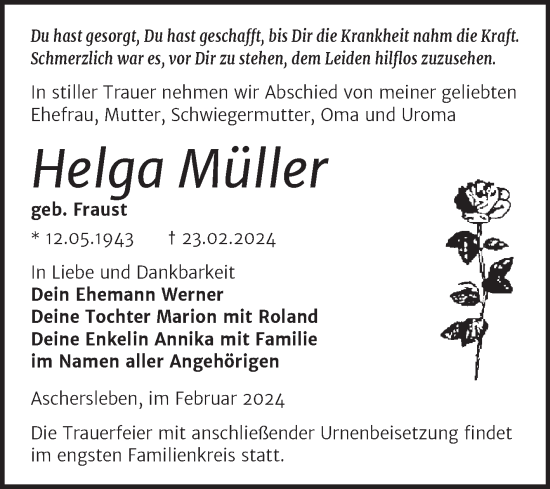 Traueranzeige von Helga Müller von Mitteldeutsche Zeitung Aschersleben