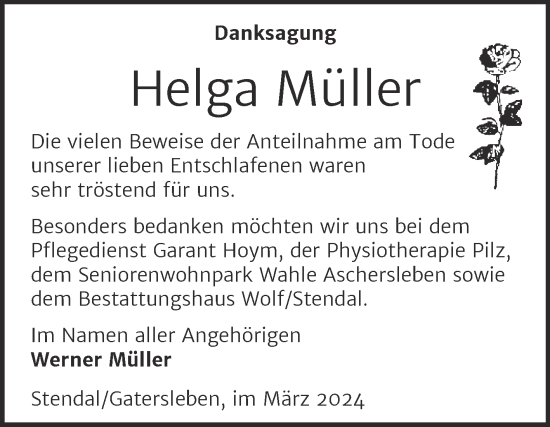 Traueranzeige von Helga Müller von Mitteldeutsche Zeitung Aschersleben