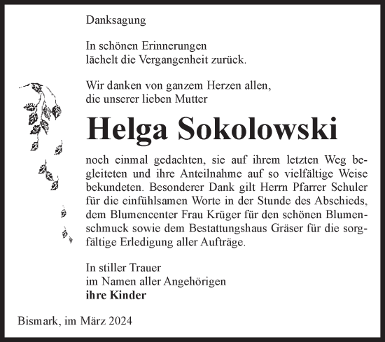 Traueranzeige von Helga Sokolowski von Volksstimme Altmark Ost